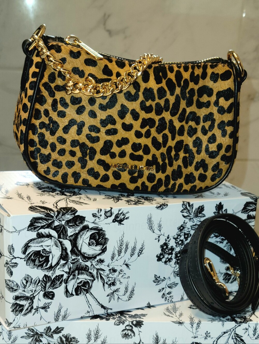 Michael Kors Leopard Print Shoulder Bag with Gold Chain And Crossbody Strap